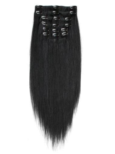 Mukava Musta Remy-Hiusta Suora Clip On Hiustenpidennykset